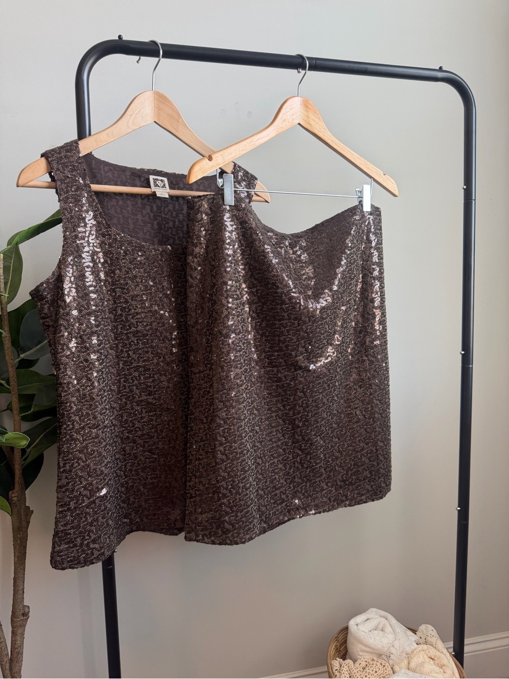 Anne Klein Dark Brown Sequined Sleeveless Top & Skirt Set